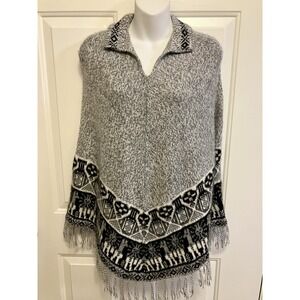 Alpaca Wool Peru‎ Poncho Cape Scarf Black Gray Small/ Medium Women’s Sweater
